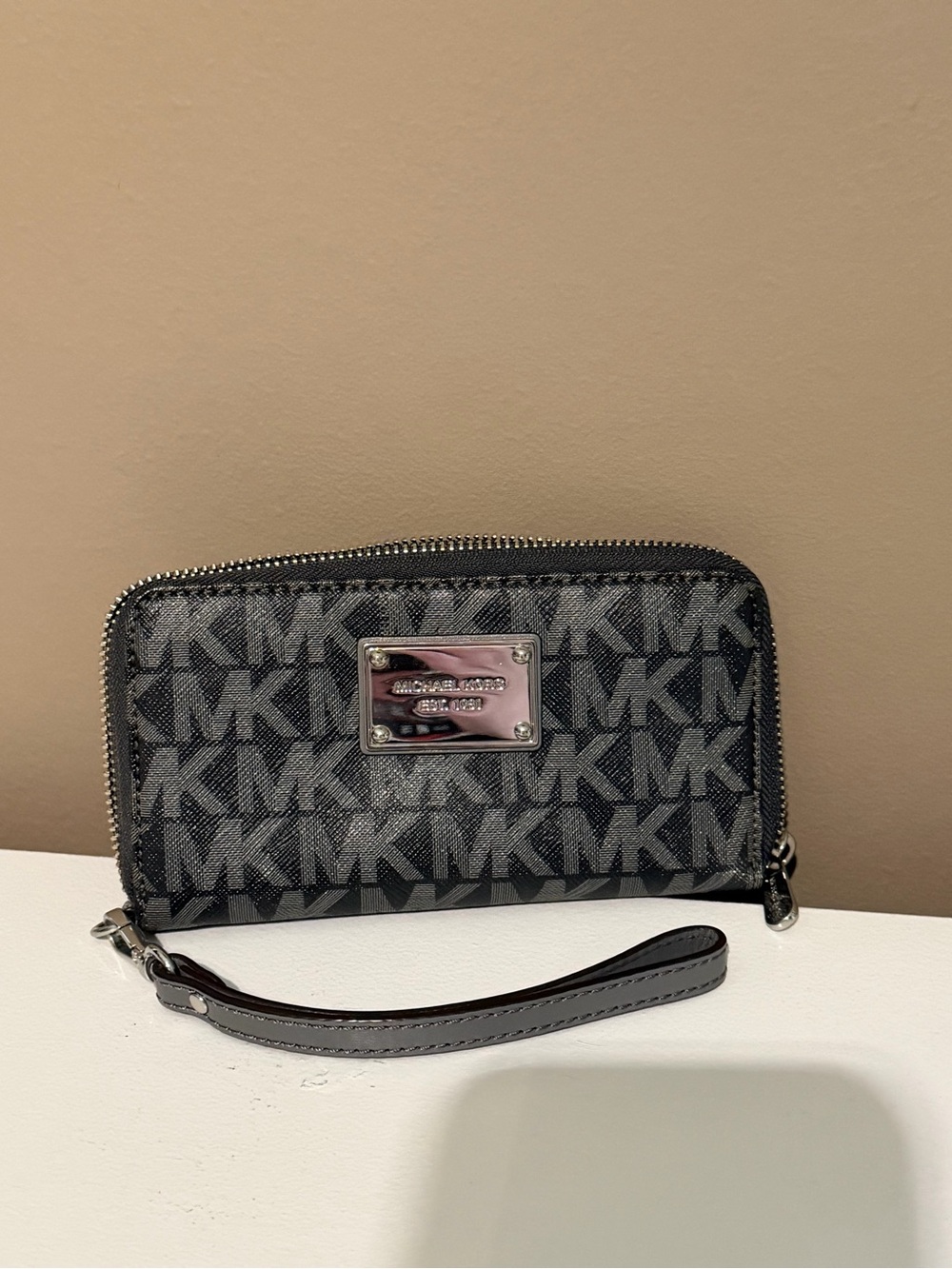 Michael Kors Gray and Black MK Logo Zip Wallet Wristlet